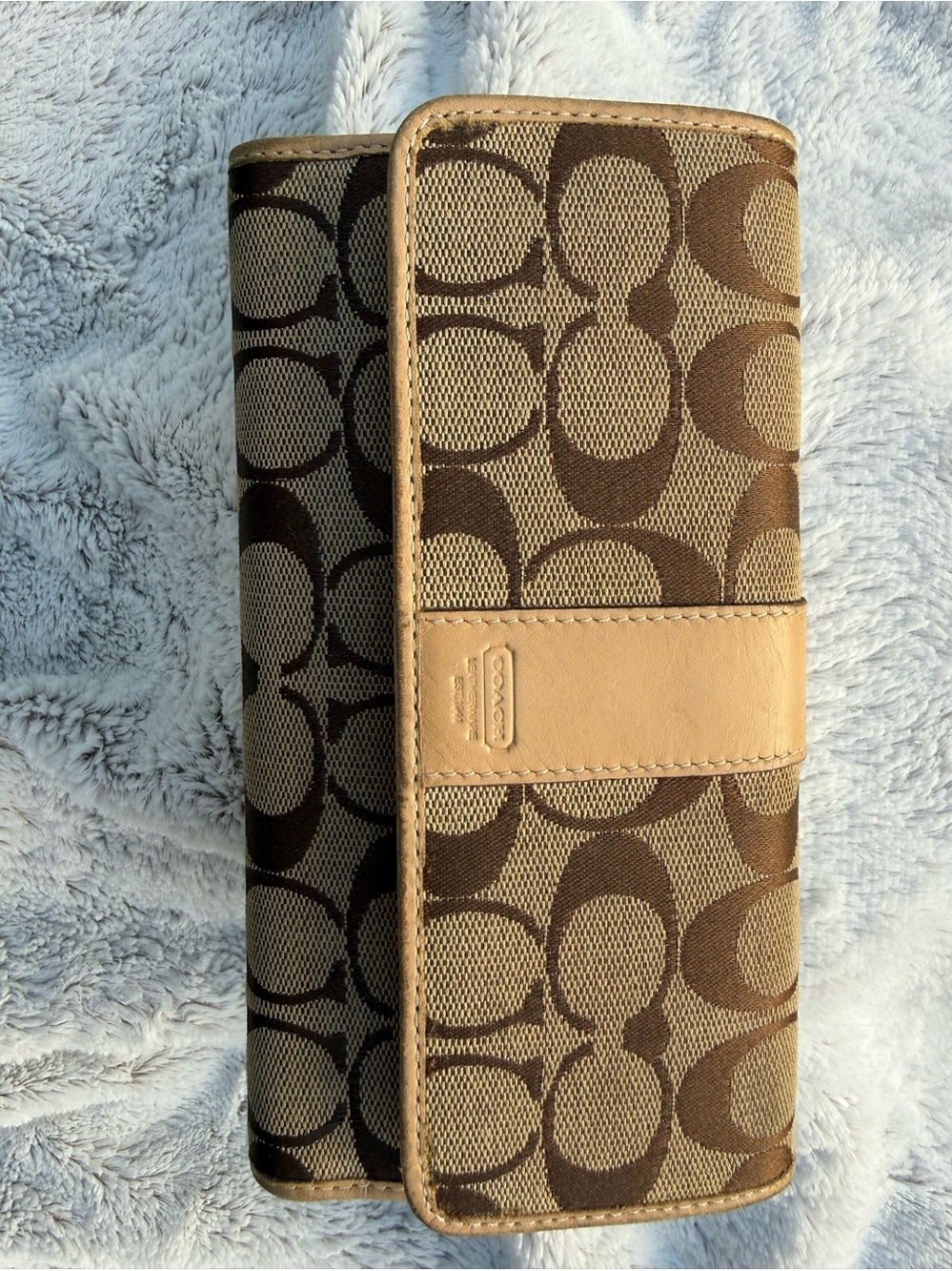 Coach Signature Canvas Checkbook Wallet with Tan Leather Trim